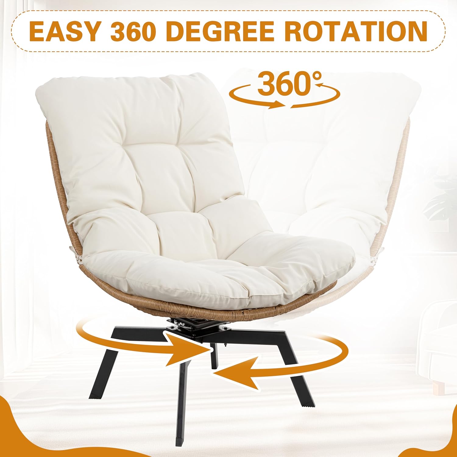 Shintenchi Outdoor Rattan Swivel Chair,Nature Wicker Patio Rotating Chair with Beige Thickened Cushion and Side Pocket,360° Rotation Patio Lounge Chairs for Living Room Bedroom Backyard Balcony