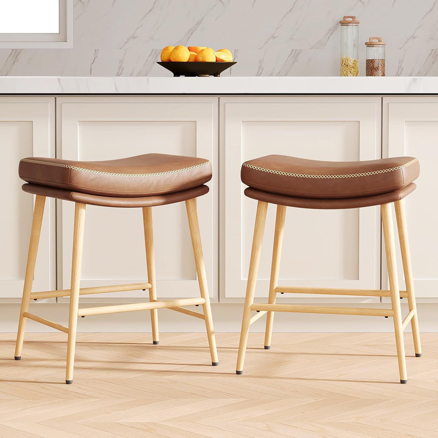 Bar Stools Set of 4, Swivel Bar Chairs, Modern Adjustable PU Leather Upholstered Barstools Counter Height with Tufted Back for Bar, Kitchen Counter Island, Dining Room, Beige