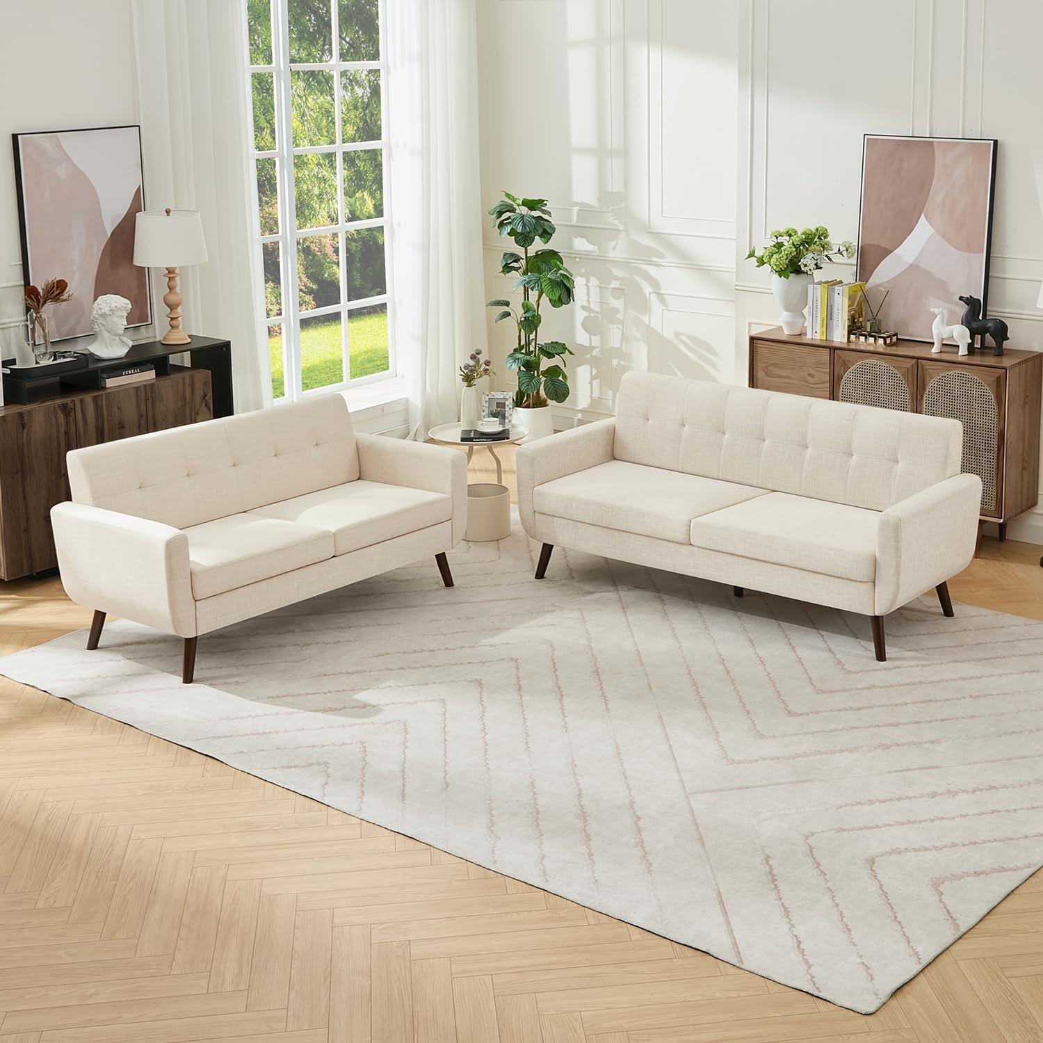 Tbfit Linen Fabric Single Sofa, Accent Chair, Mid Century Modern Armchair for Living Room, Bedroom Button Tufted Upholstered Comfy Reading Sofas, Beige | linen fabric, button tufted, solid wood foot, pocket spring, wood slats frame