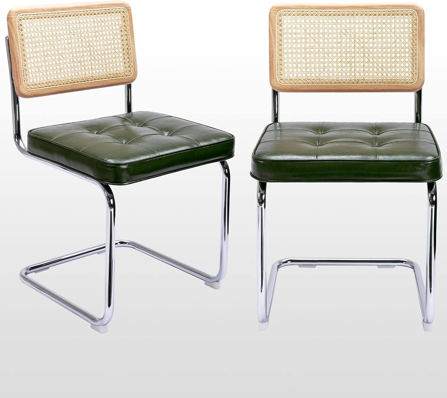 Zesthouse Natural Rattan Dining Chairs Set of 2, Modern Dining Room Chairs with Solid Wood Back for Kitchen Living Room, Mid Century Breuer Design Inspired, Upholstered Faux Leather Brown