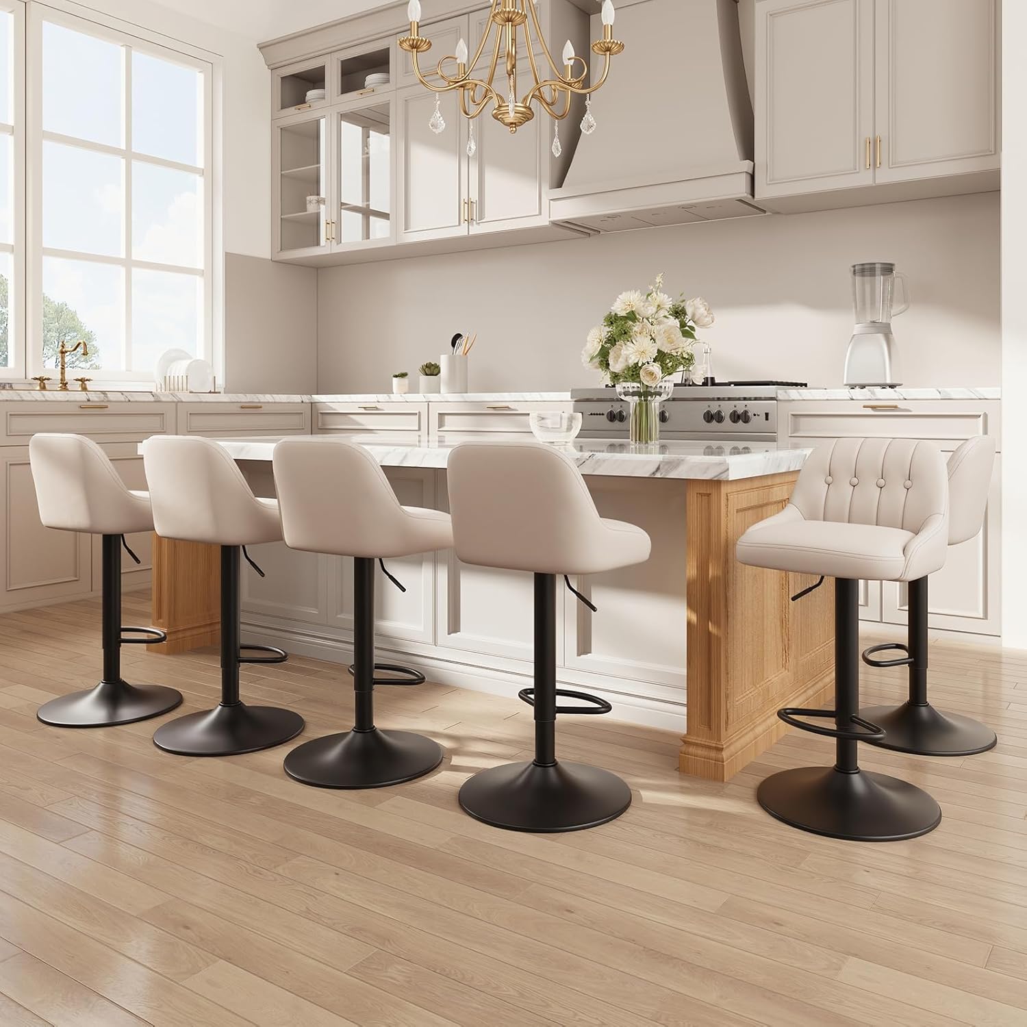 Bar Stools Set of 4, Swivel Bar Chairs, Modern Adjustable PU Leather Upholstered Barstools Counter Height with Tufted Back for Bar, Kitchen Counter Island, Dining Room, Beige