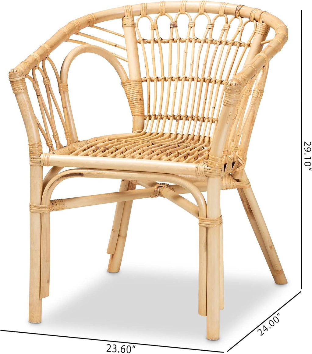 bali & pari Kaka Nature Rattan Dining Chair - Boho Wicker Armchair with Curved Back, Natural