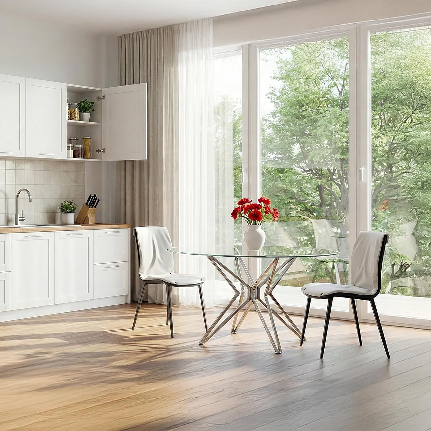 Set of 2 White PU Leather Dining Room Chairs, Curved Back Design with Strong Metal Frame, Easy Assembly and Cleaning, Ideal for Kitchen and Restaurant