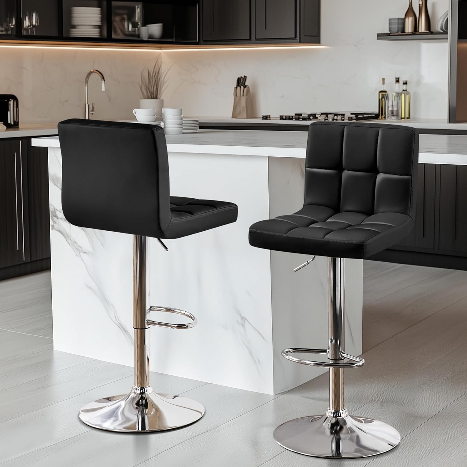 Yaheetech Bar Stools Set of 2, Adjustable PU Leather Swivel Barstools, Modern Counter Stools with Back and Footrest, Counter Height Barstools for Bar, Kitchen, Dining Room, Black