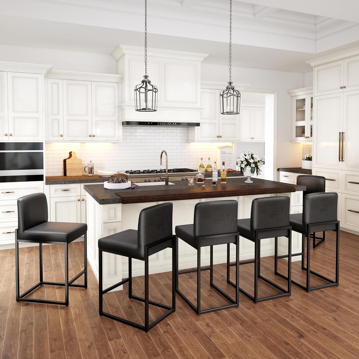 PHI VILLA Black Bar Stools Set of 4, Counter Height 24'' Barstool Pu Leather Bar Stools with Back, Kitchen Bar Chairs