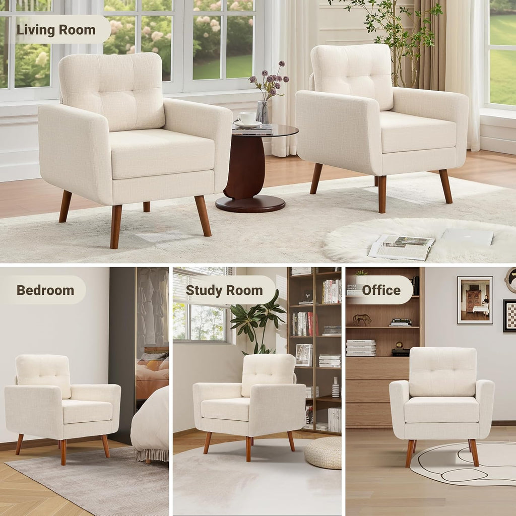 Tbfit Linen Fabric Single Sofa, Accent Chair, Mid Century Modern Armchair for Living Room, Bedroom Button Tufted Upholstered Comfy Reading Sofas, Beige | linen fabric, button tufted, solid wood foot, pocket spring, wood slats frame