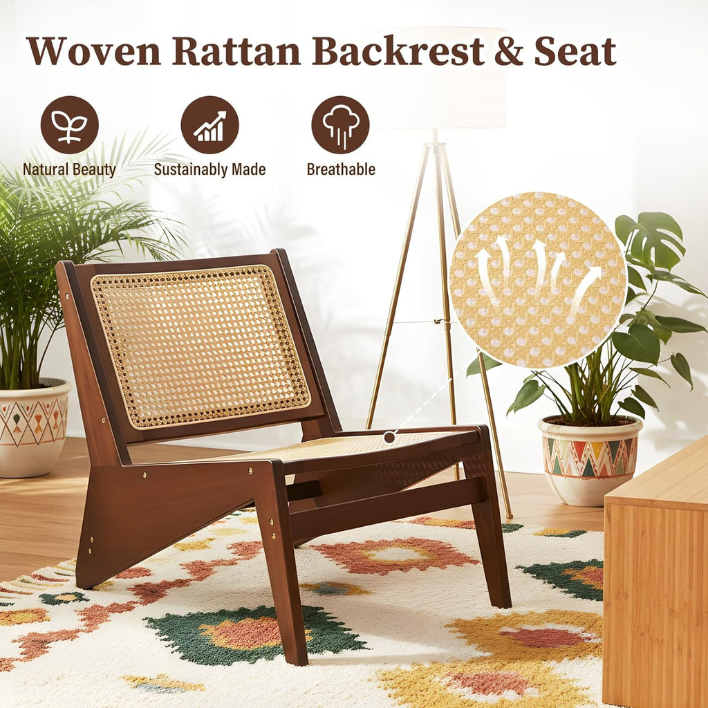 Mid-Century Accent Chair, Rattan Lounge Chair for Living Room, Boho Side Corner Comfy Chair for Bedroom and Balcony, Walnut