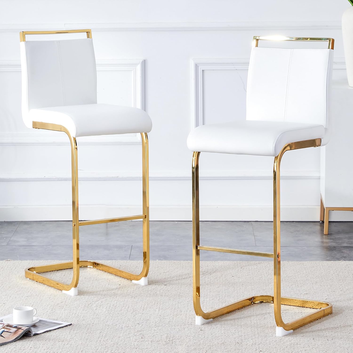 Counter Height Bar Stools Set of 4,25" PU Leather Bar Stools with Back,Counter High Chairs with Black Painted Metal Legs,White Bar Stool of 4 for Kitchen Island,Bar Counter (White,25" H)