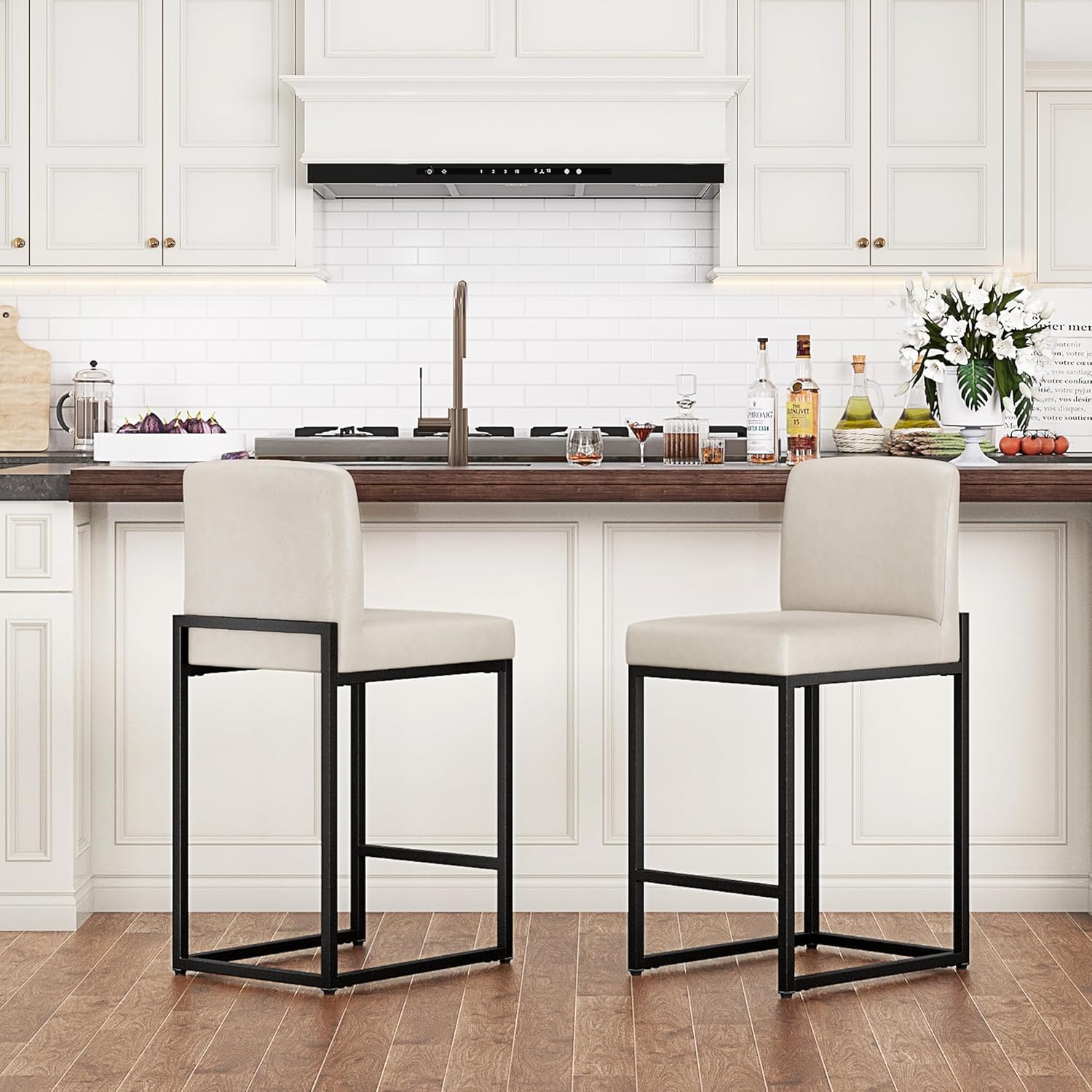 PHI VILLA Black Bar Stools Set of 4, Counter Height 24'' Barstool Pu Leather Bar Stools with Back, Kitchen Bar Chairs
