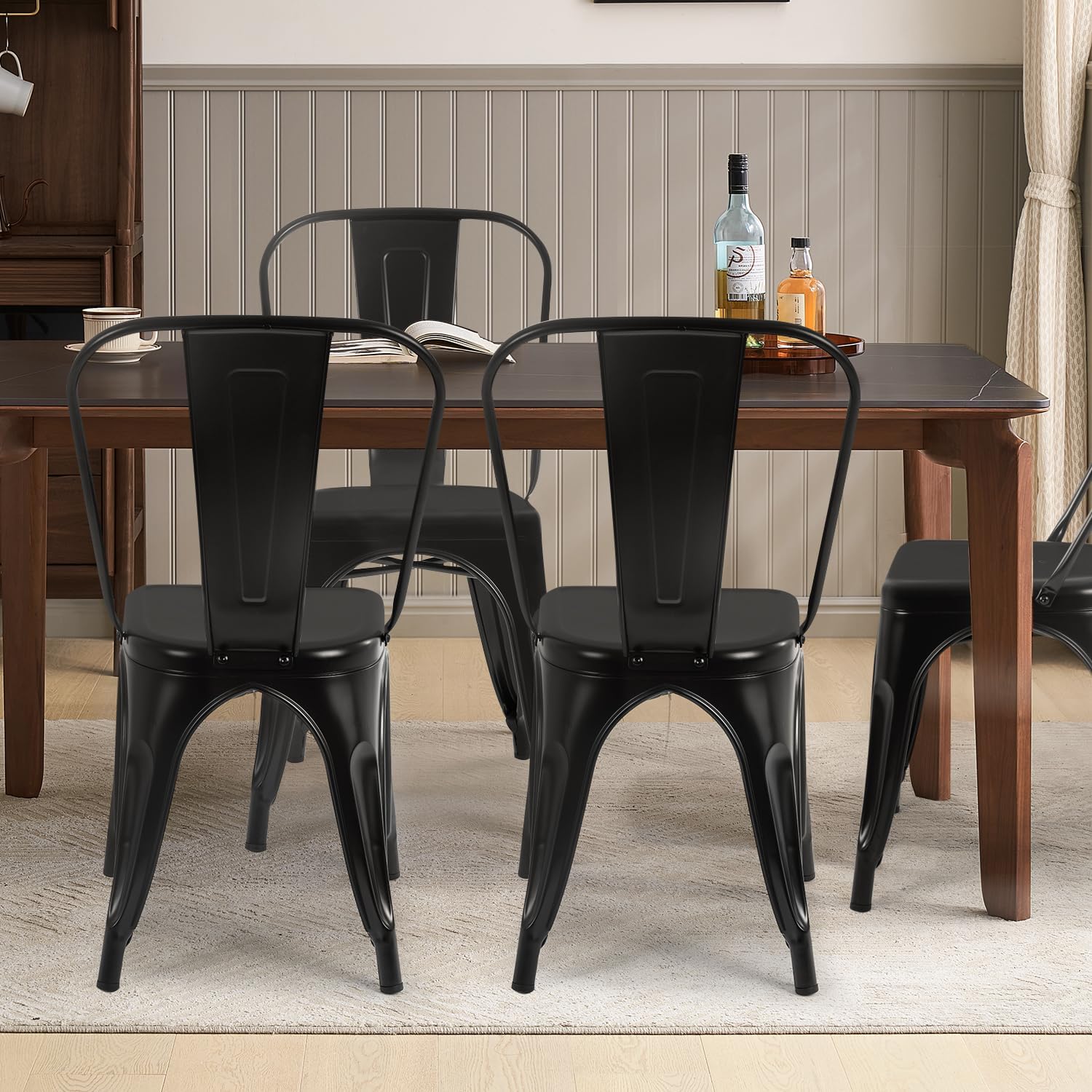 FDW | Metal Dining Chairs | Set of 4 | Black | Stackable Tolix Side Chairs with Backrest | Scratch-Resistant | Non-Slip Feet | Indoor/Outdoor Use | 330 lbs Capacity | for Kitchen & Restaurant