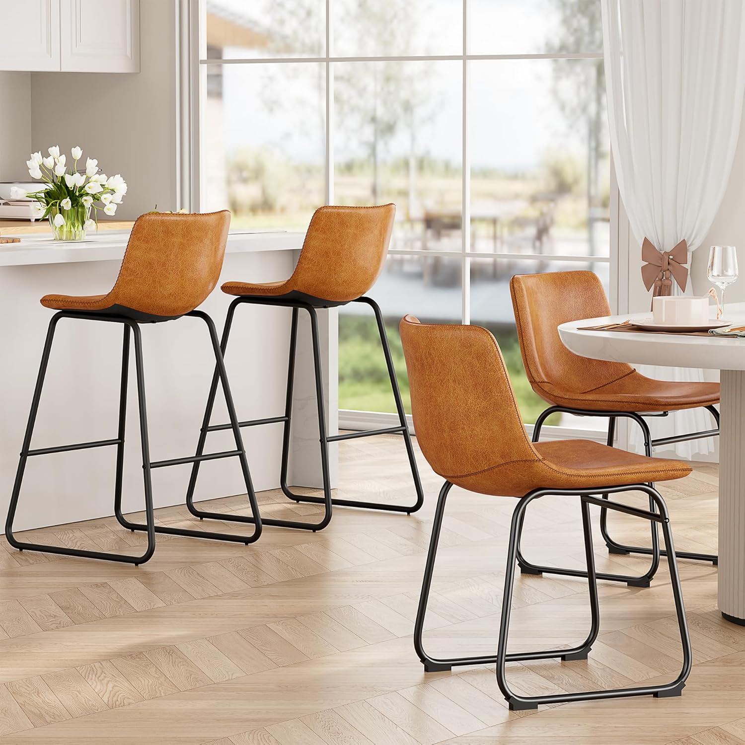Bar Stools Set of 4, PU Leather Counter Height Bar Stools, 26" Modern Barstools with Metal Legs and Footrest, Urban Armless Dining Chairs with Backrest for Kitchen Island (Brown)