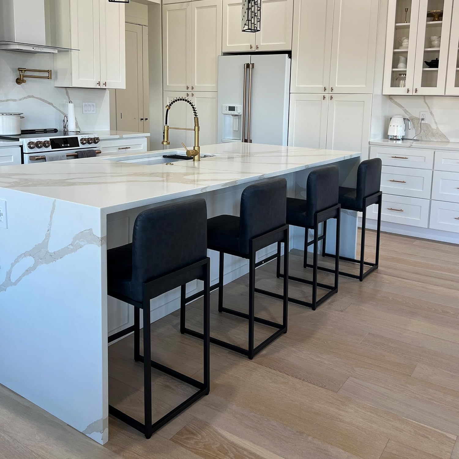 PHI VILLA Black Bar Stools Set of 4, Counter Height 24'' Barstool Pu Leather Bar Stools with Back, Kitchen Bar Chairs