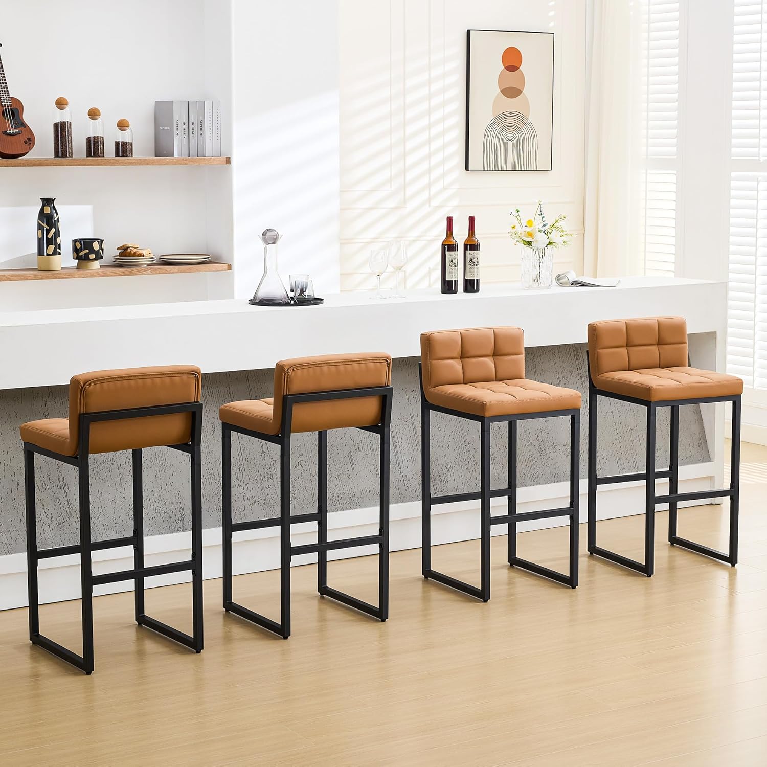 Bar Stools Set of 3, Upholstered PU Leather Counter Height Barstools with Low Back and Thickened Metal Legs, Modern Island Chairs for Kitchen Island (Caramel Brown, 3Pcs 26" Bar Stools)