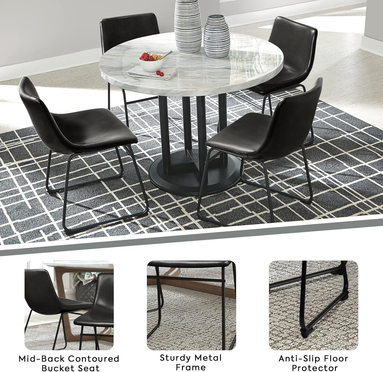 LEMBERI Faux Leather Dining Chairs Set of 4, 18 Inch Modern Kitchen & Dining Room Upholstered Chairs with Backrest and Metal Legs (Black)