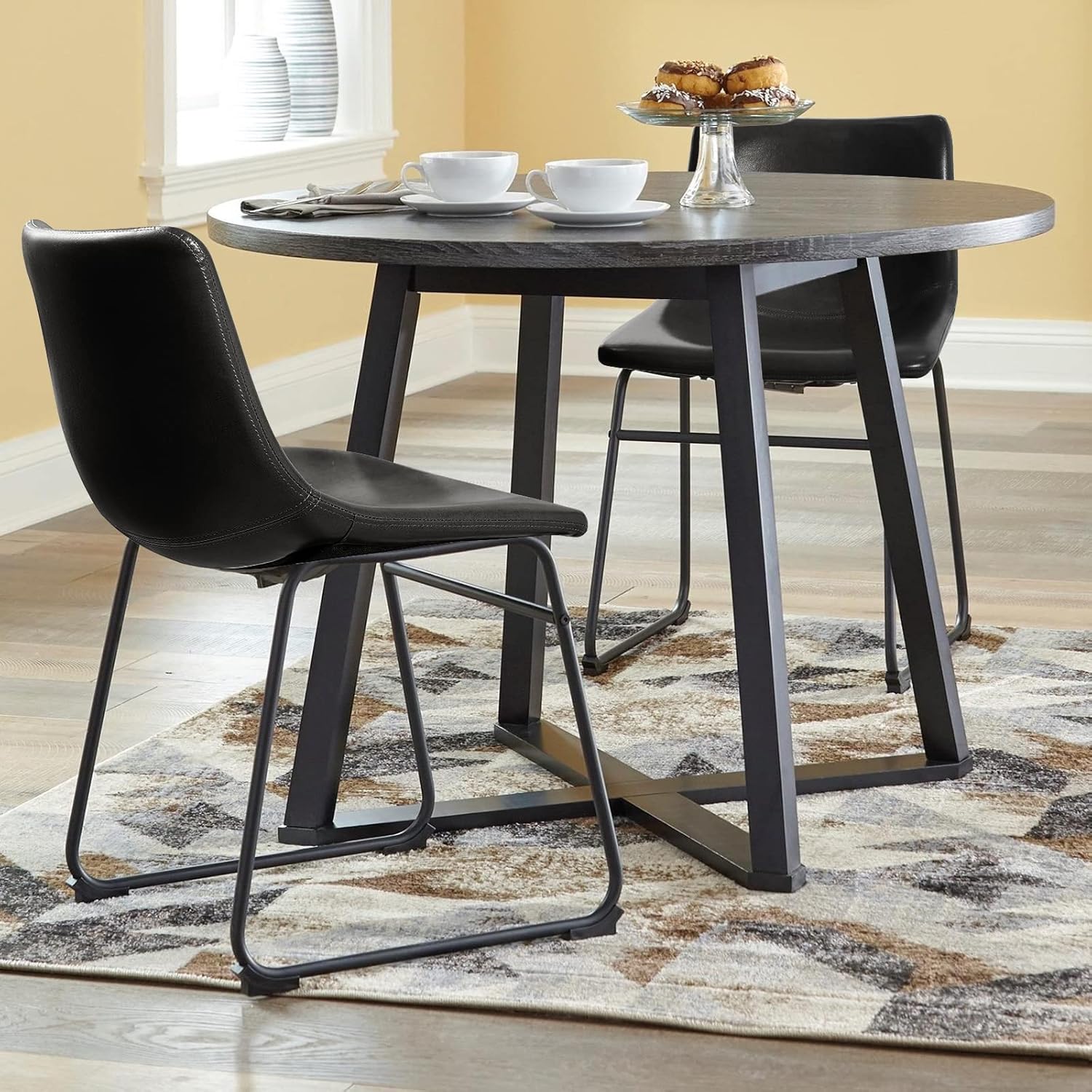 LEMBERI Faux Leather Dining Chairs Set of 4, 18 Inch Modern Kitchen & Dining Room Upholstered Chairs with Backrest and Metal Legs (Black)