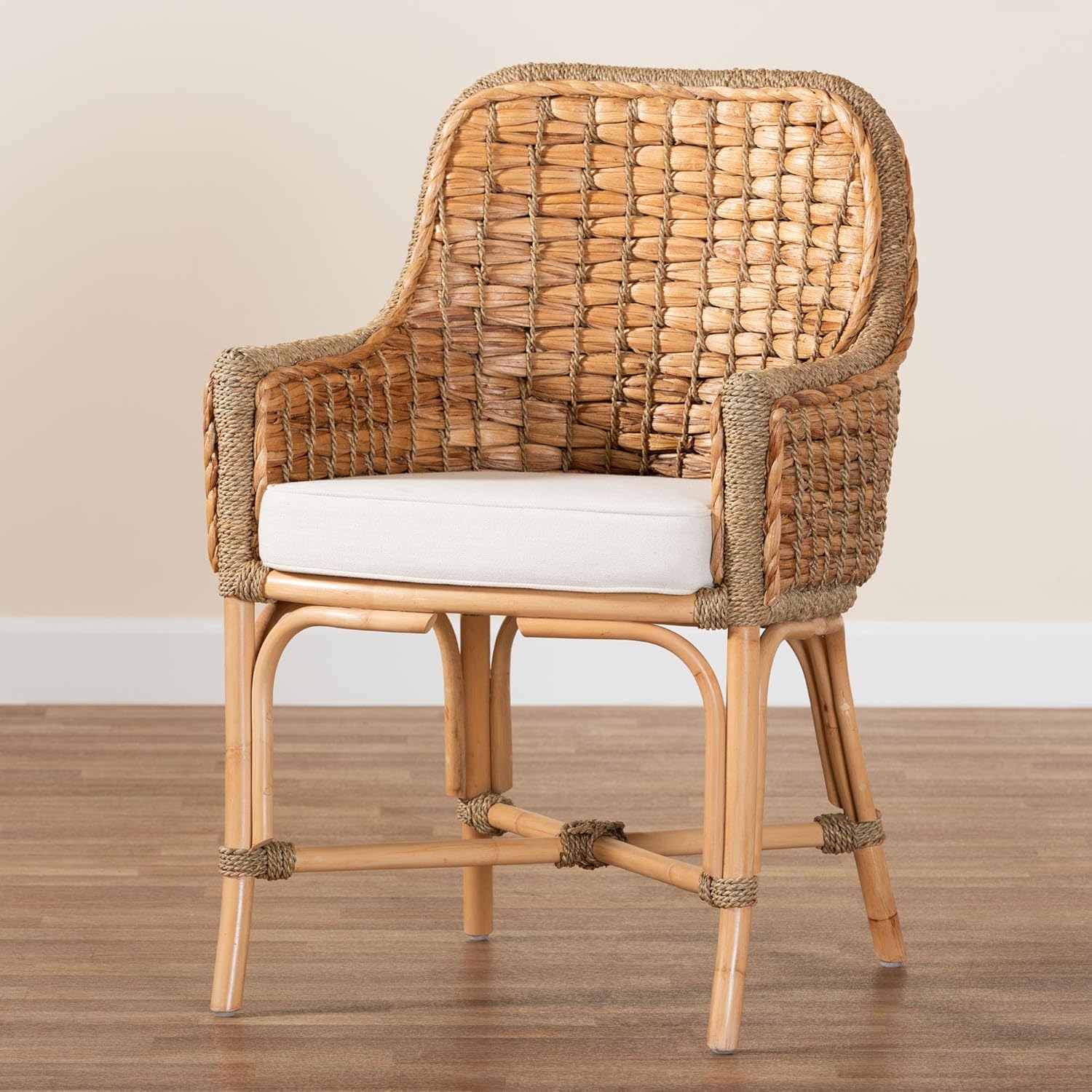 Baxton Studio Kyle Modern Bohemian Natural Brown Woven Rattan Dining Side Chair With Cushion