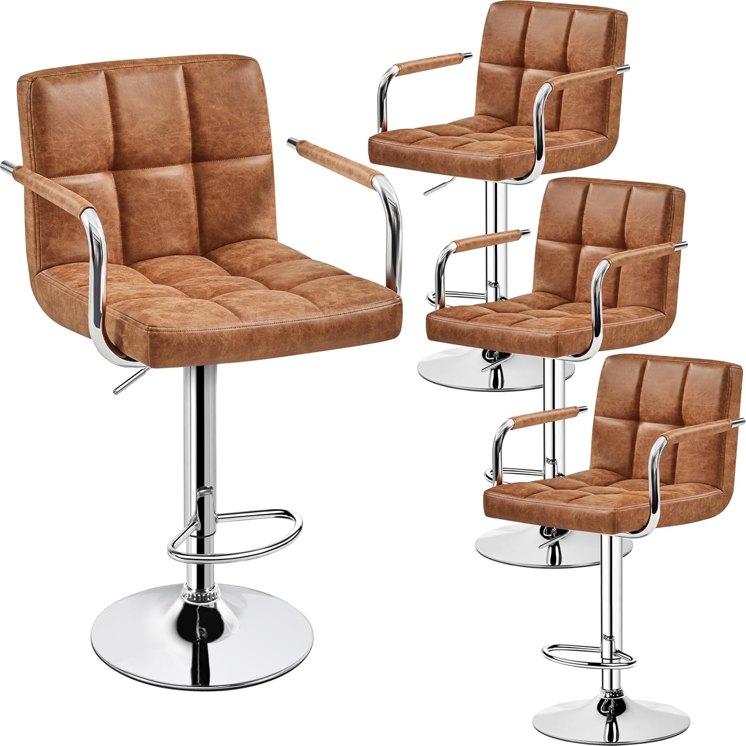 Yaheetech Bar Stools Set of 2, PU Leather Height Adjustable Swivel Barstools, Hydraulic Kitchen Counter Height Bar Chairs with Armrest and Back for Kitchen, Dining Room, Black