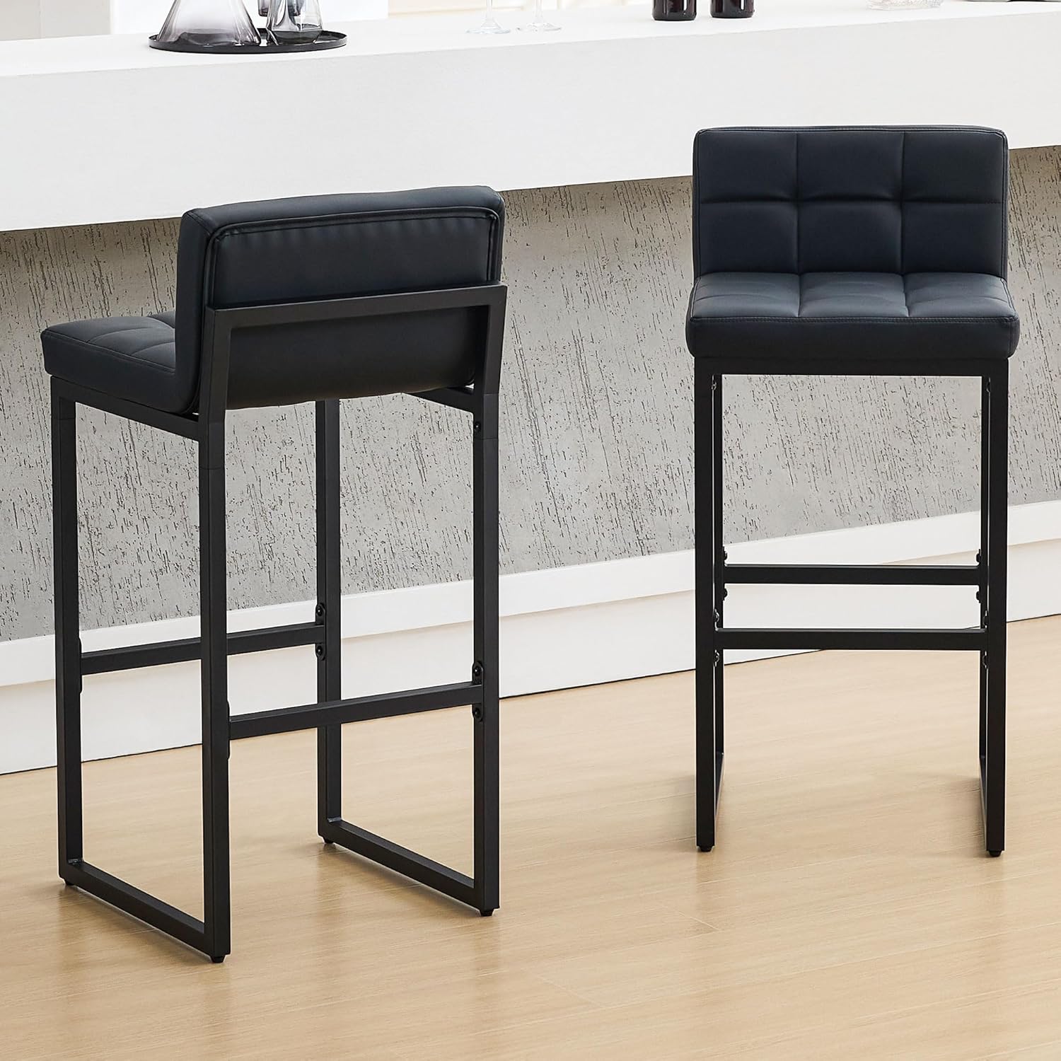 Bar Stools Set of 3, Upholstered PU Leather Counter Height Barstools with Low Back and Thickened Metal Legs, Modern Island Chairs for Kitchen Island (Caramel Brown, 3Pcs 26" Bar Stools)