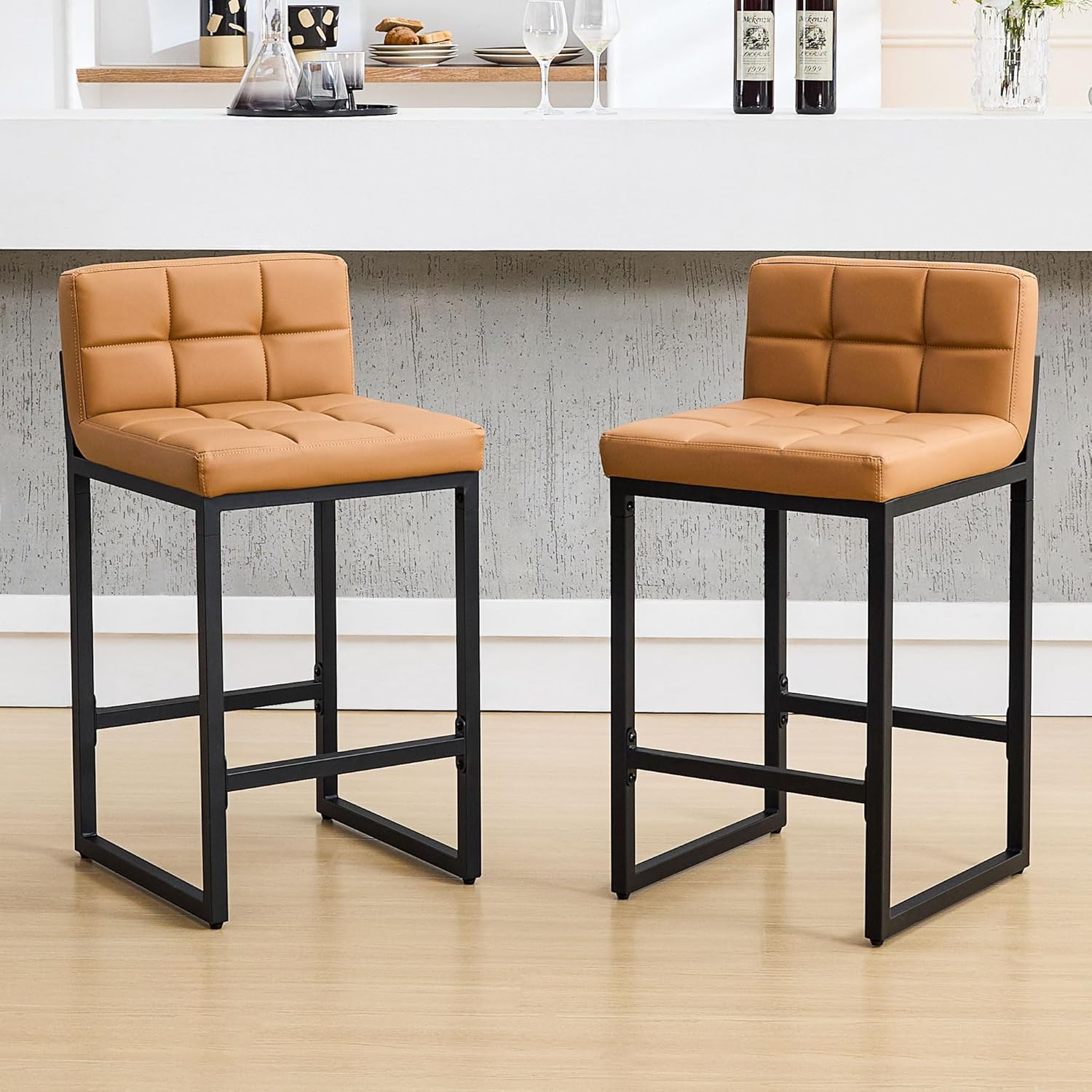 Bar Stools Set of 3, Upholstered PU Leather Counter Height Barstools with Low Back and Thickened Metal Legs, Modern Island Chairs for Kitchen Island (Caramel Brown, 3Pcs 26" Bar Stools)