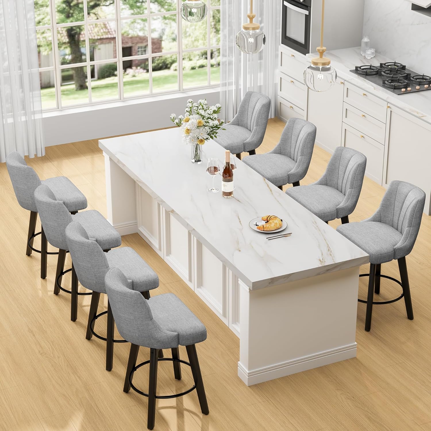 Counter Height Swivel Bar Stool, 24" Upholstered PU Leather Barstools Set of 3, Counter Stool Chair with Back & Solid Wood Legs for Kitchen Island Dining Room (Black)