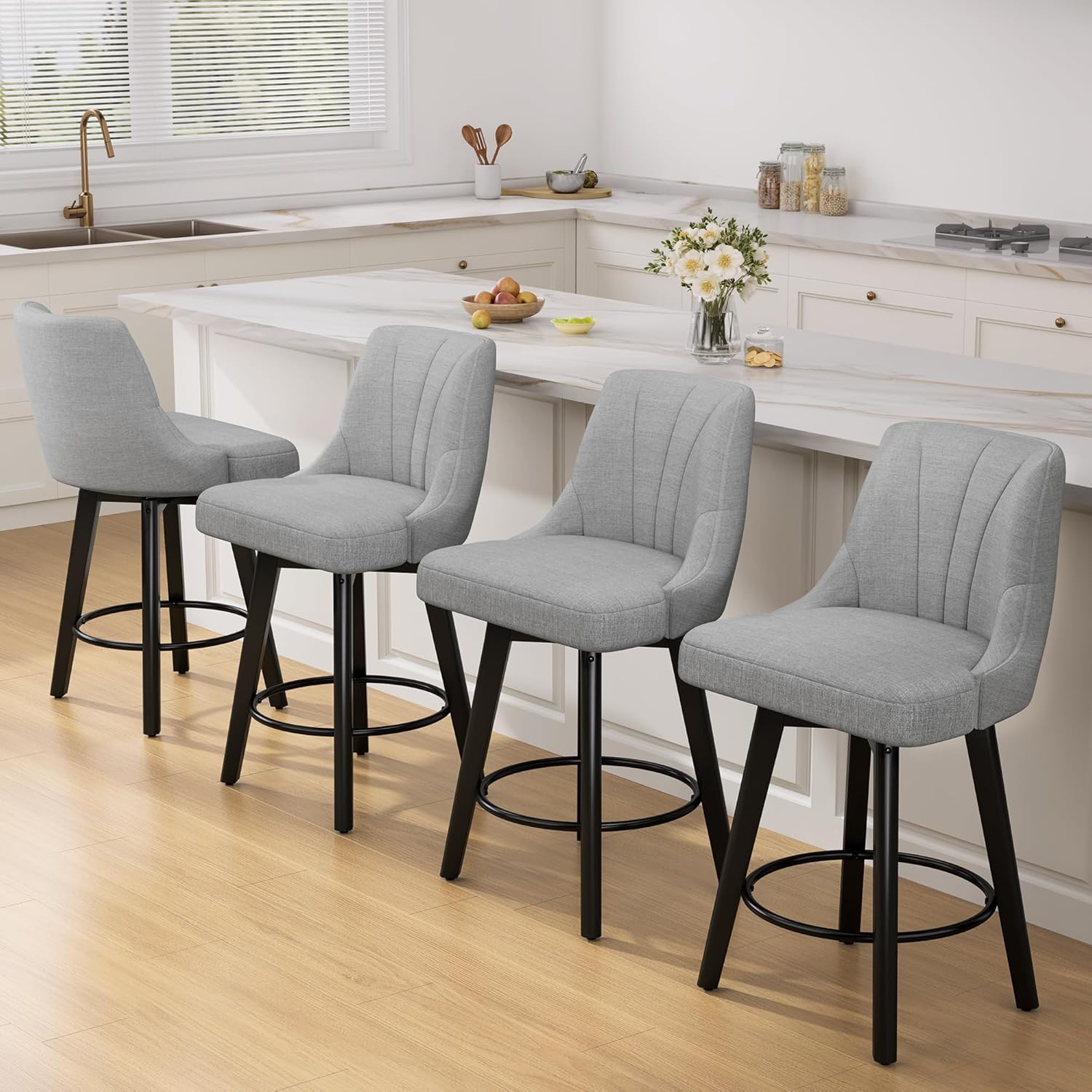 Counter Height Swivel Bar Stool, 24" Upholstered PU Leather Barstools Set of 3, Counter Stool Chair with Back & Solid Wood Legs for Kitchen Island Dining Room (Black)