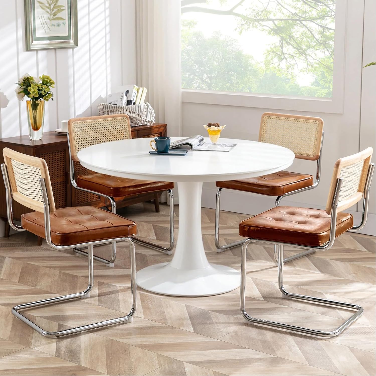 Zesthouse Natural Rattan Dining Chairs Set of 2, Modern Dining Room Chairs with Solid Wood Back for Kitchen Living Room, Mid Century Breuer Design Inspired, Upholstered Faux Leather Brown