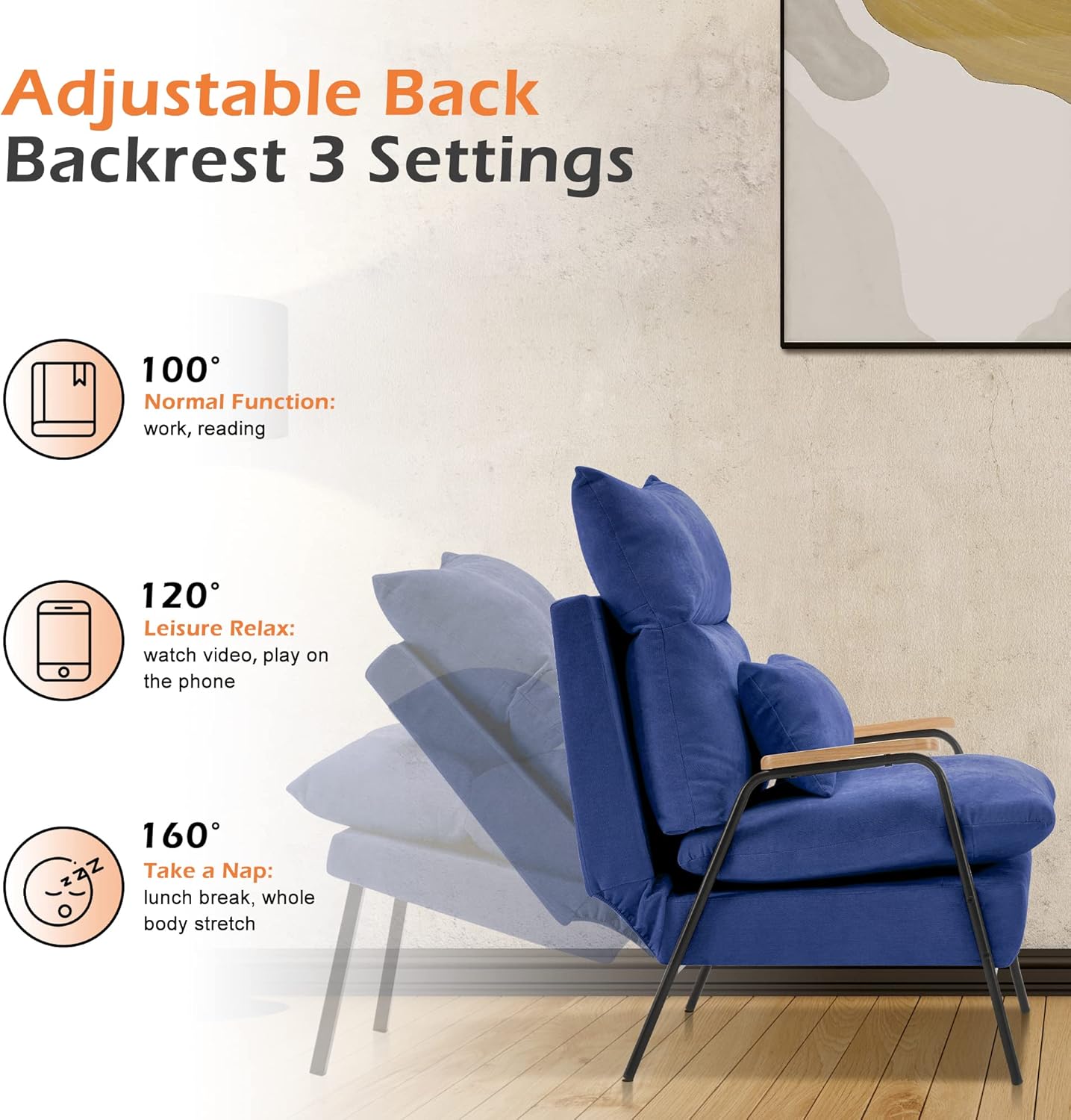 MCombo Accent Recliner Chair with Ottoman, Modern Fabric Armchair, Upholstered Sofa Bed for Living Room Bedroom, Small Space 4055 (Black Frame, Blue)