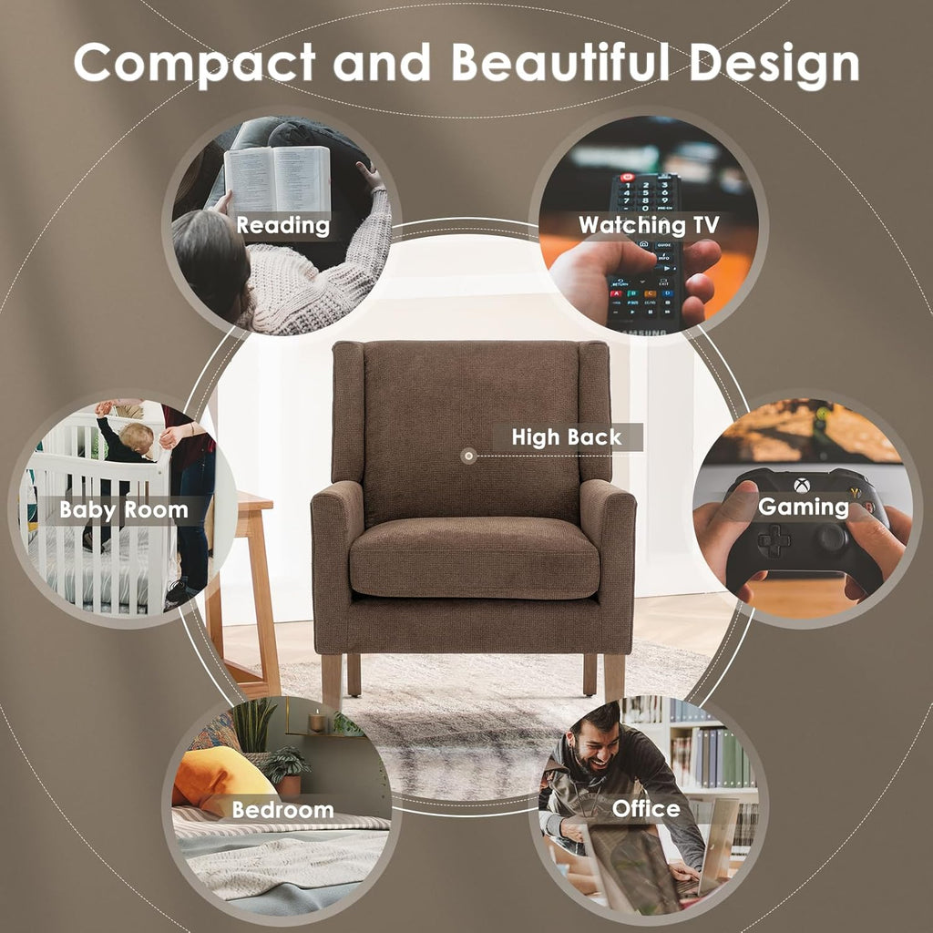 COLAMY Modern Wingback Living Room Chair, Upholstered Fabric Accent Armchair, Single Sofa Chair with Lounge Seat and Wood Legs for Bedroom/Office/Reading Spaces, Brown