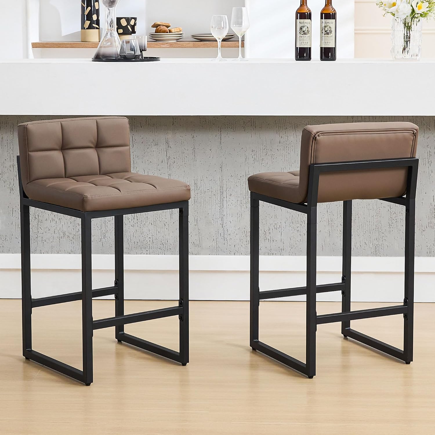 Bar Stools Set of 3, Upholstered PU Leather Counter Height Barstools with Low Back and Thickened Metal Legs, Modern Island Chairs for Kitchen Island (Caramel Brown, 3Pcs 26" Bar Stools)