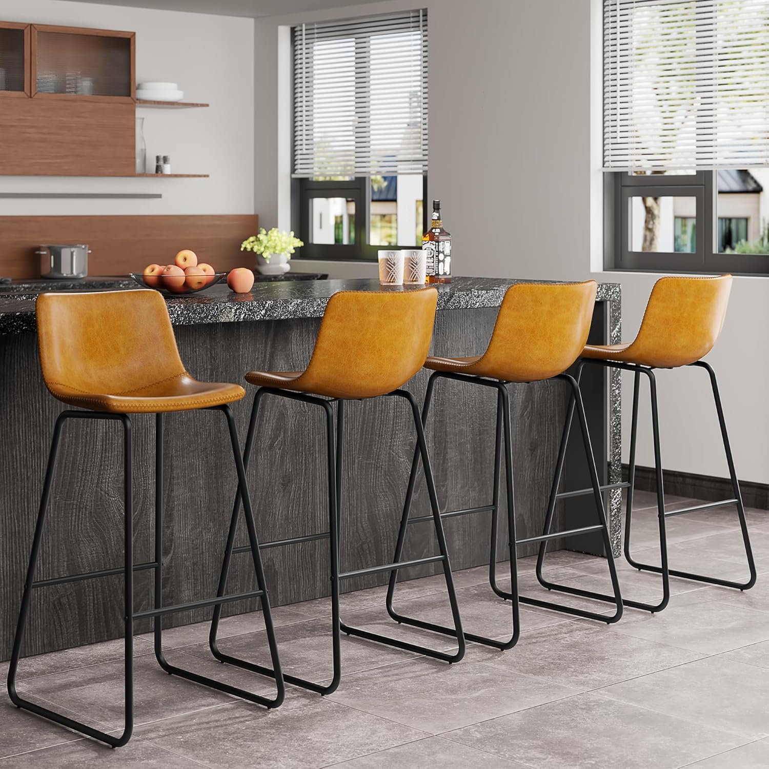 Bar Stools Set of 4, PU Leather Counter Height Bar Stools, 26" Modern Barstools with Metal Legs and Footrest, Urban Armless Dining Chairs with Backrest for Kitchen Island (Brown)