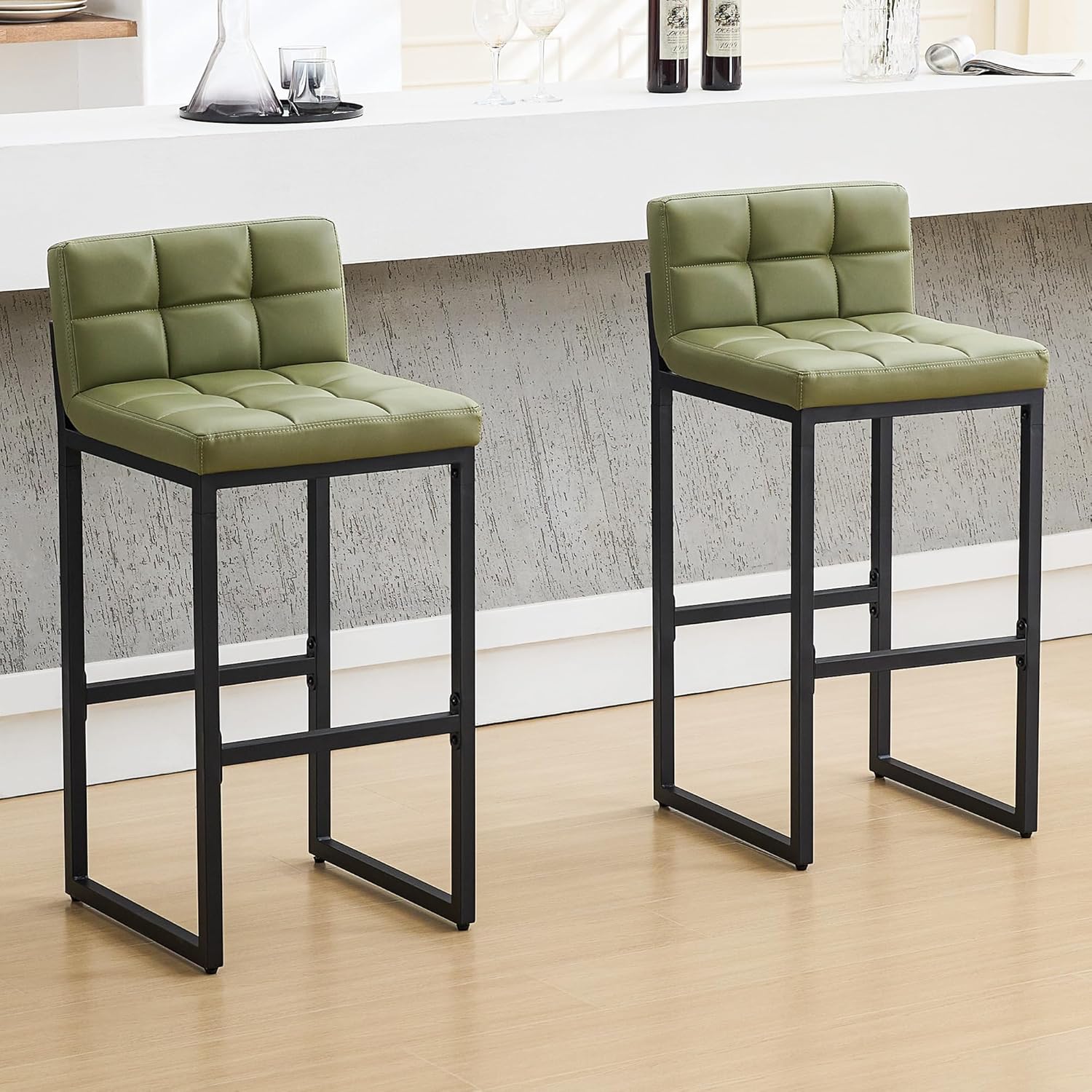 Bar Stools Set of 3, Upholstered PU Leather Counter Height Barstools with Low Back and Thickened Metal Legs, Modern Island Chairs for Kitchen Island (Caramel Brown, 3Pcs 26" Bar Stools)