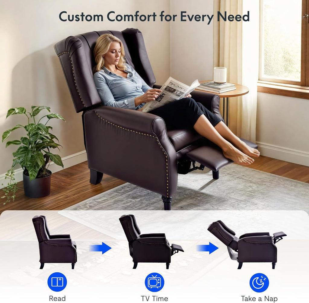 FLEXISPOT XC5 Pushback Recliner Chair for Adults, Mid Century Wingback Accent Chair with Rivet Decoration, Tufted Upholstered Single Sofa Armchair for Living Room, Bedroom, Study (Fabric, White)