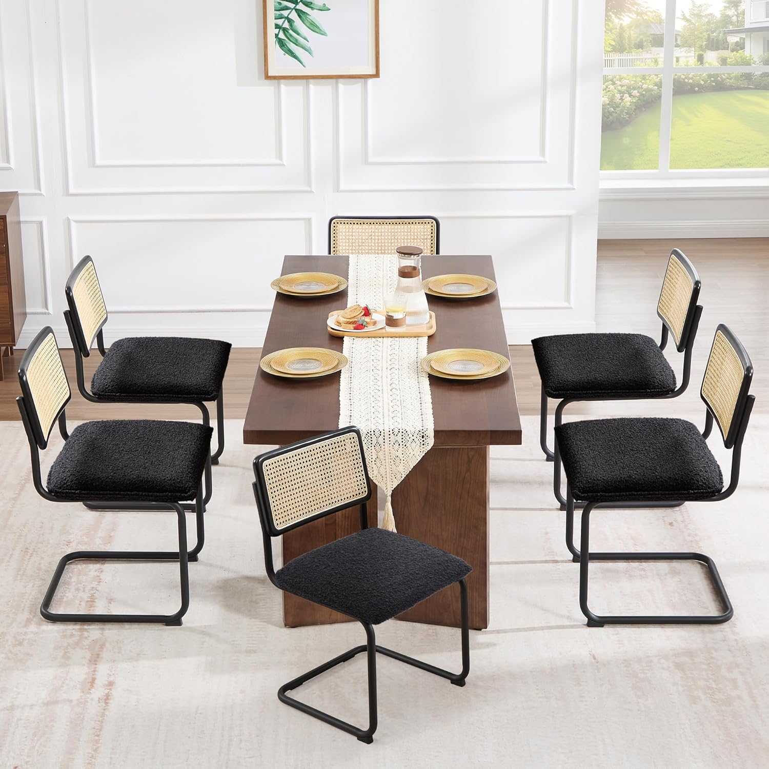 Zesthouse Natural Rattan Dining Chairs Set of 2, Modern Dining Room Chairs with Solid Wood Back for Kitchen Living Room, Mid Century Breuer Design Inspired, Upholstered Faux Leather Brown