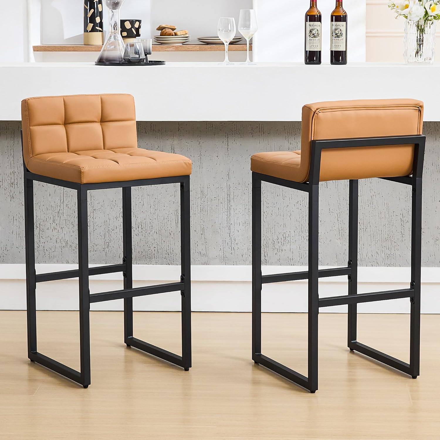 Bar Stools Set of 3, Upholstered PU Leather Counter Height Barstools with Low Back and Thickened Metal Legs, Modern Island Chairs for Kitchen Island (Caramel Brown, 3Pcs 26" Bar Stools)