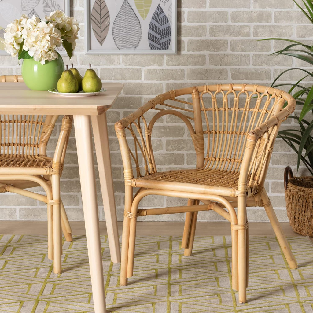 bali & pari Kaka Nature Rattan Dining Chair - Boho Wicker Armchair with Curved Back, Natural