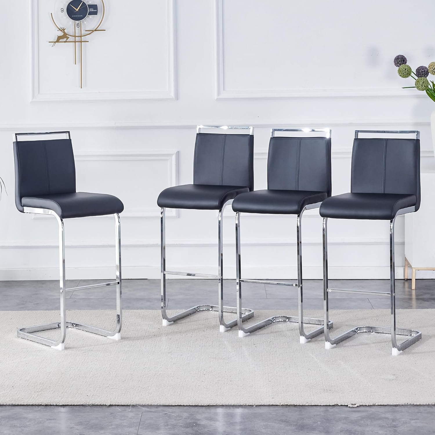 Counter Height Bar Stools Set of 4,25" PU Leather Bar Stools with Back,Counter High Chairs with Black Painted Metal Legs,White Bar Stool of 4 for Kitchen Island,Bar Counter (White,25" H)