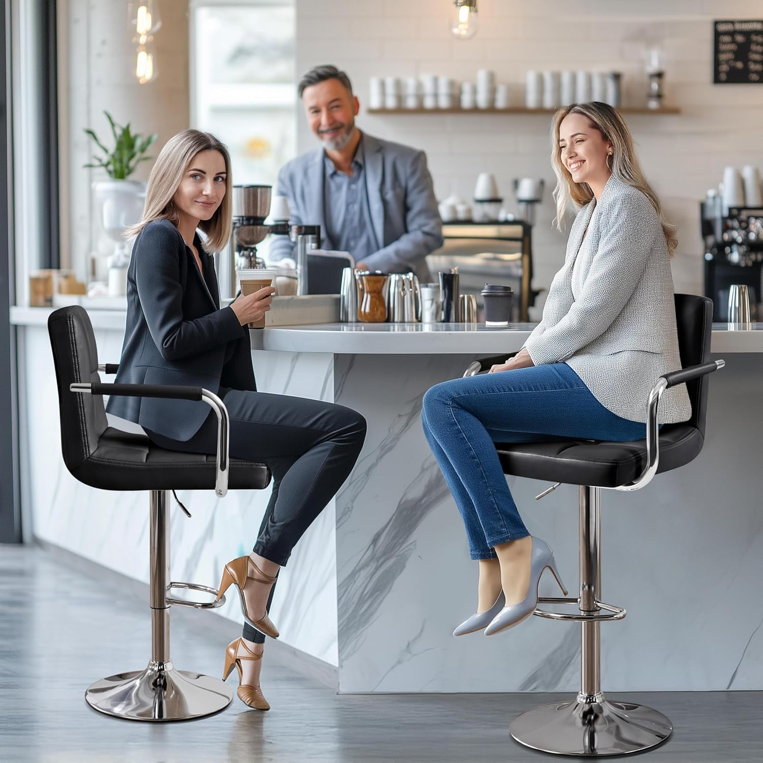 Yaheetech Bar Stools Set of 2, PU Leather Height Adjustable Swivel Barstools, Hydraulic Kitchen Counter Height Bar Chairs with Armrest and Back for Kitchen, Dining Room, Black