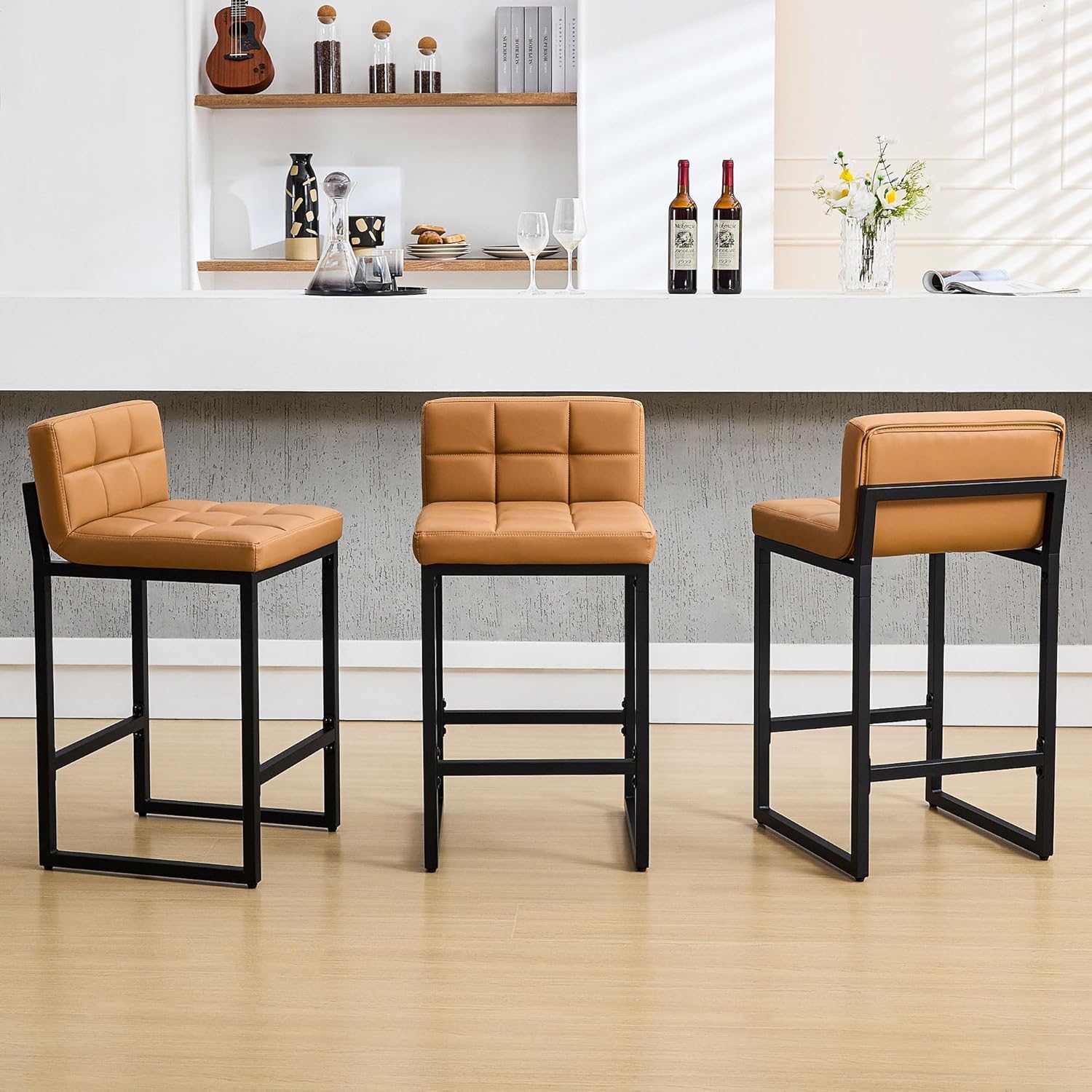 Bar Stools Set of 3, Upholstered PU Leather Counter Height Barstools with Low Back and Thickened Metal Legs, Modern Island Chairs for Kitchen Island (Caramel Brown, 3Pcs 26" Bar Stools)