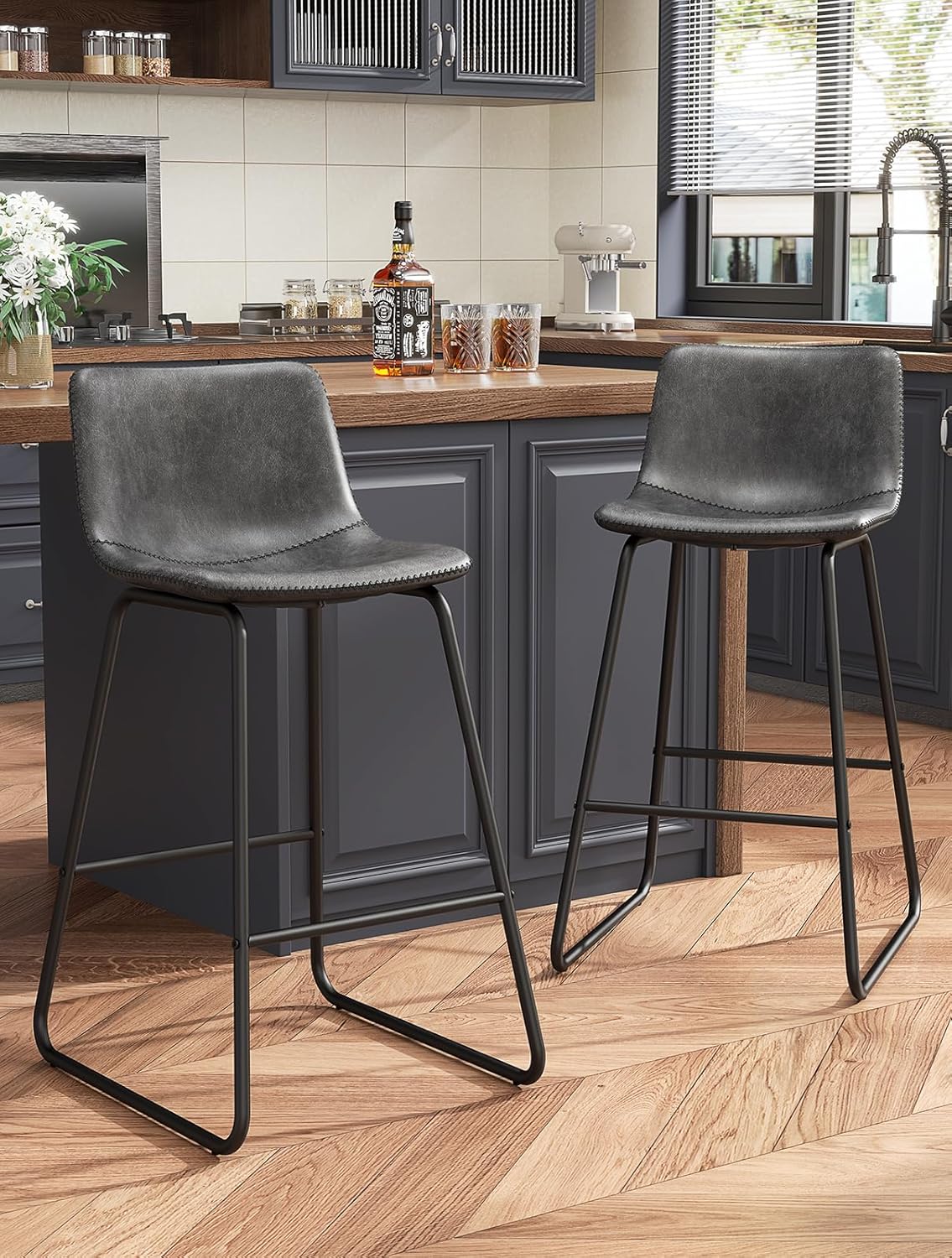 Bar Stools Set of 4, PU Leather Counter Height Bar Stools, 26" Modern Barstools with Metal Legs and Footrest, Urban Armless Dining Chairs with Backrest for Kitchen Island (Brown)