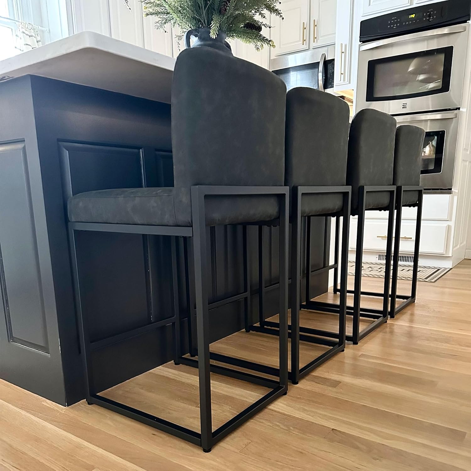 PHI VILLA Black Bar Stools Set of 4, Counter Height 24'' Barstool Pu Leather Bar Stools with Back, Kitchen Bar Chairs