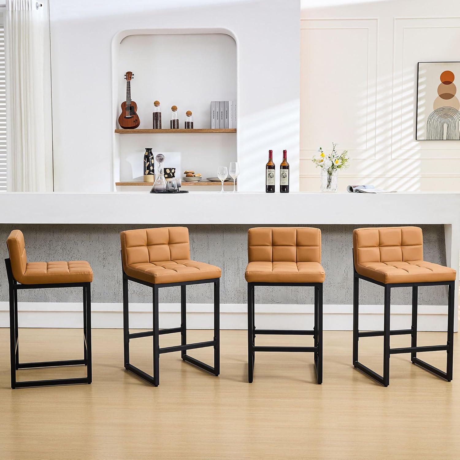 Bar Stools Set of 3, Upholstered PU Leather Counter Height Barstools with Low Back and Thickened Metal Legs, Modern Island Chairs for Kitchen Island (Caramel Brown, 3Pcs 26" Bar Stools)