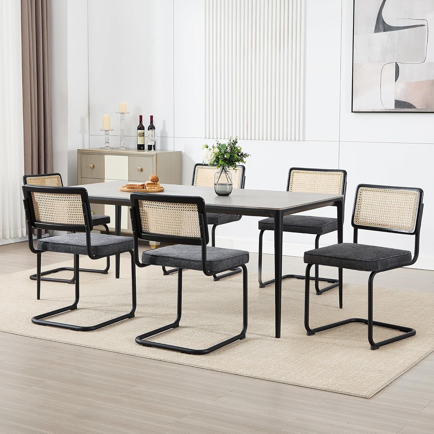 Zesthouse Natural Rattan Dining Chairs Set of 2, Modern Dining Room Chairs with Solid Wood Back for Kitchen Living Room, Mid Century Breuer Design Inspired, Upholstered Faux Leather Brown