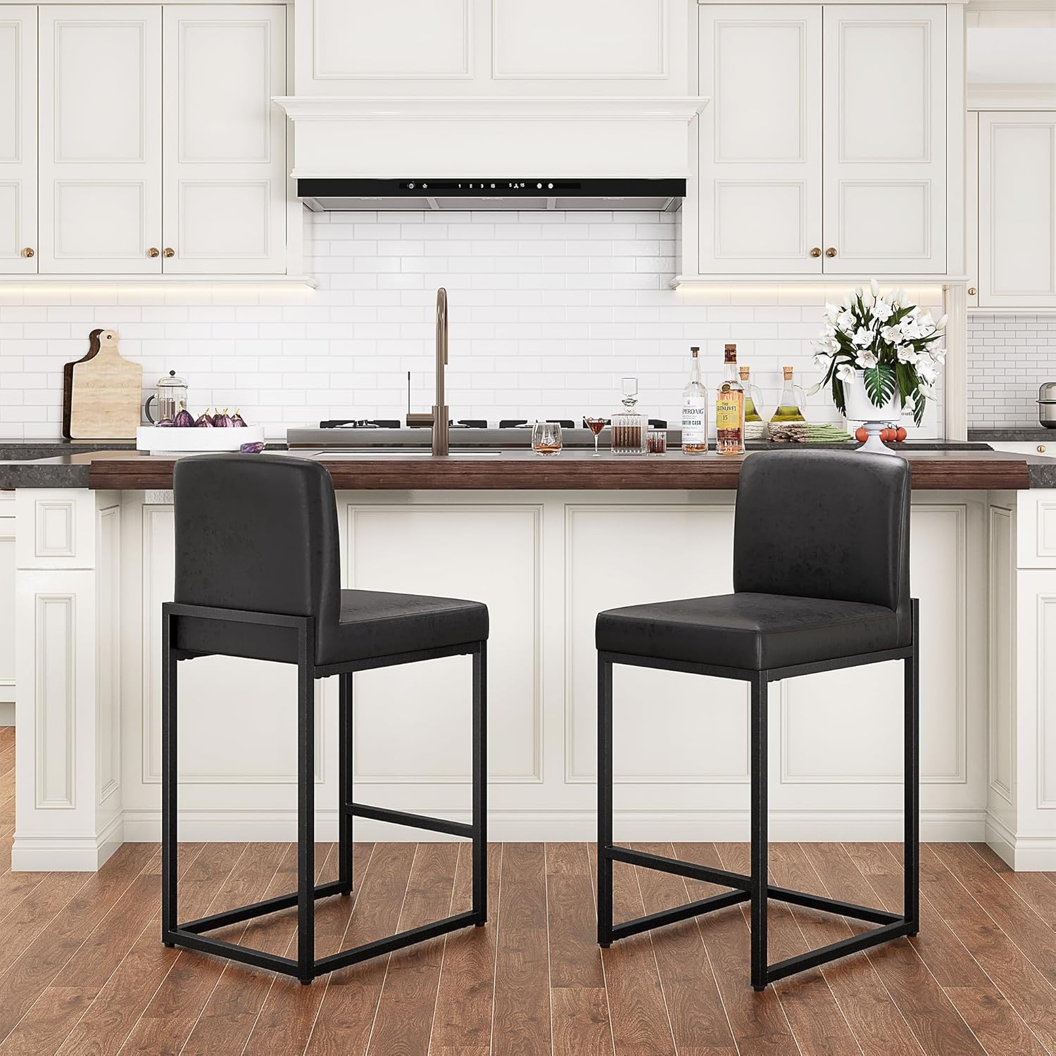 PHI VILLA Black Bar Stools Set of 4, Counter Height 24'' Barstool Pu Leather Bar Stools with Back, Kitchen Bar Chairs