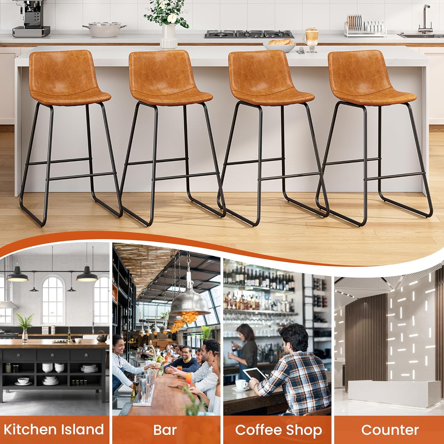 Bar Stools Set of 4, PU Leather Counter Height Bar Stools, 26" Modern Barstools with Metal Legs and Footrest, Urban Armless Dining Chairs with Backrest for Kitchen Island (Brown)