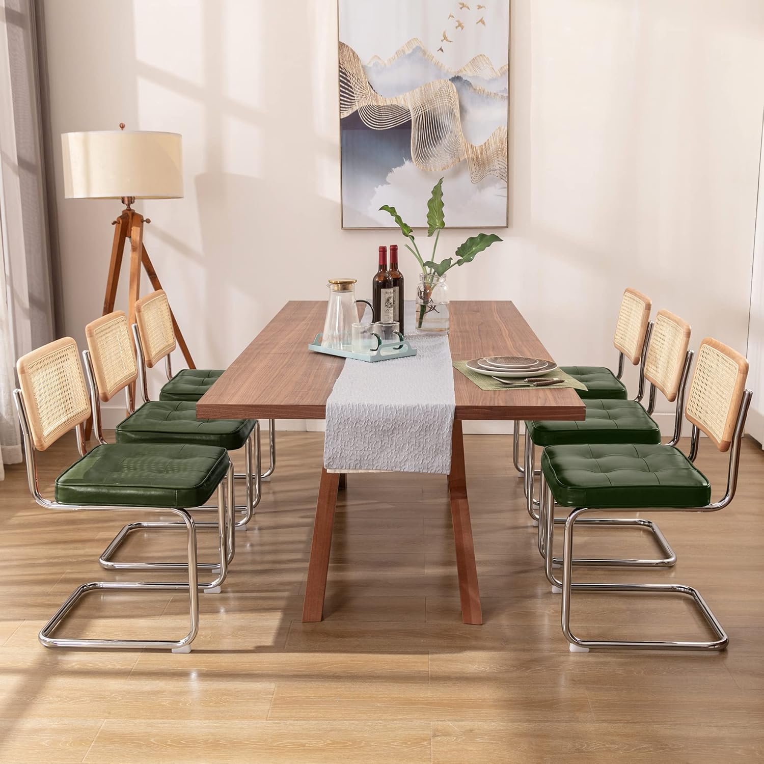 Zesthouse Natural Rattan Dining Chairs Set of 2, Modern Dining Room Chairs with Solid Wood Back for Kitchen Living Room, Mid Century Breuer Design Inspired, Upholstered Faux Leather Brown