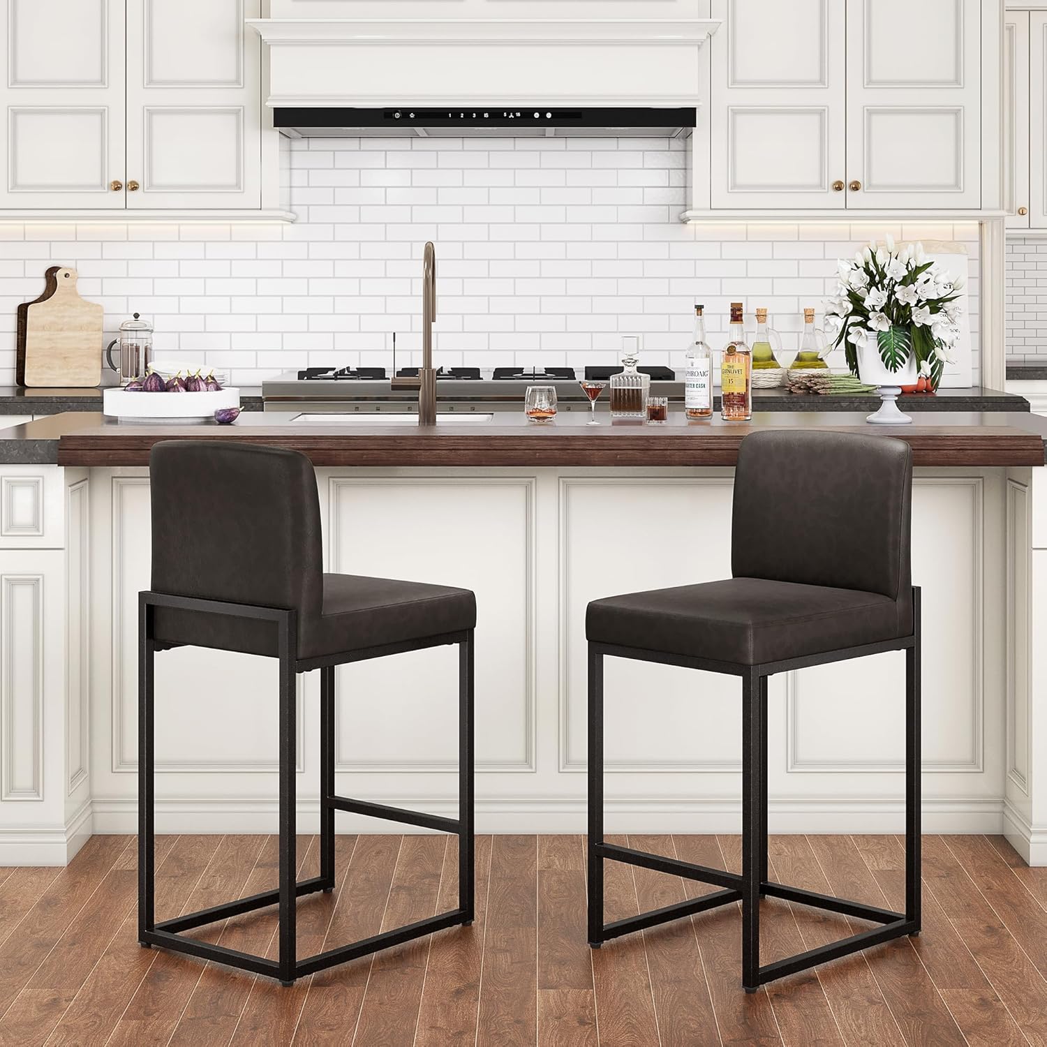 PHI VILLA Black Bar Stools Set of 4, Counter Height 24'' Barstool Pu Leather Bar Stools with Back, Kitchen Bar Chairs