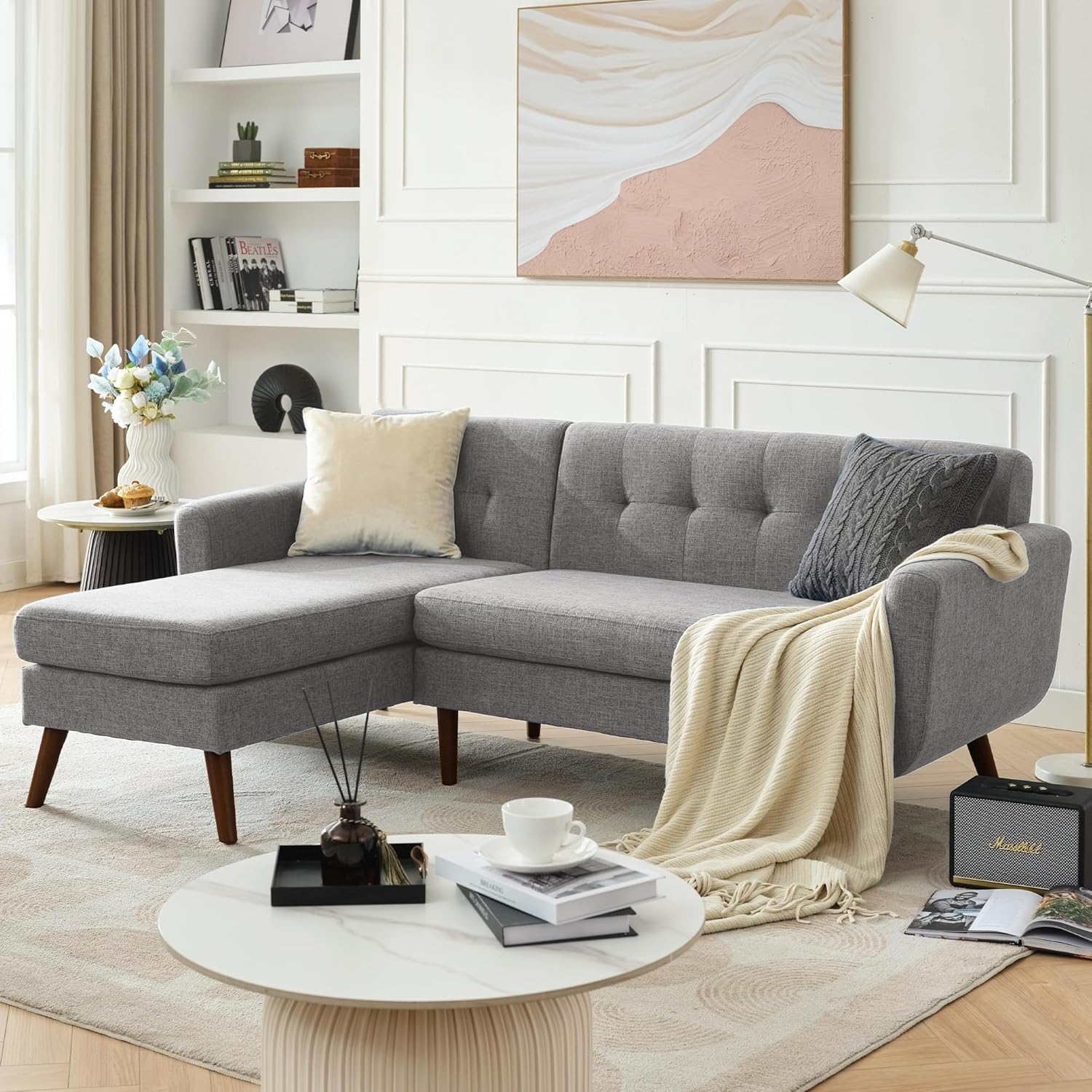 Tbfit Linen Fabric Single Sofa, Accent Chair, Mid Century Modern Armchair for Living Room, Bedroom Button Tufted Upholstered Comfy Reading Sofas, Beige | linen fabric, button tufted, solid wood foot, pocket spring, wood slats frame