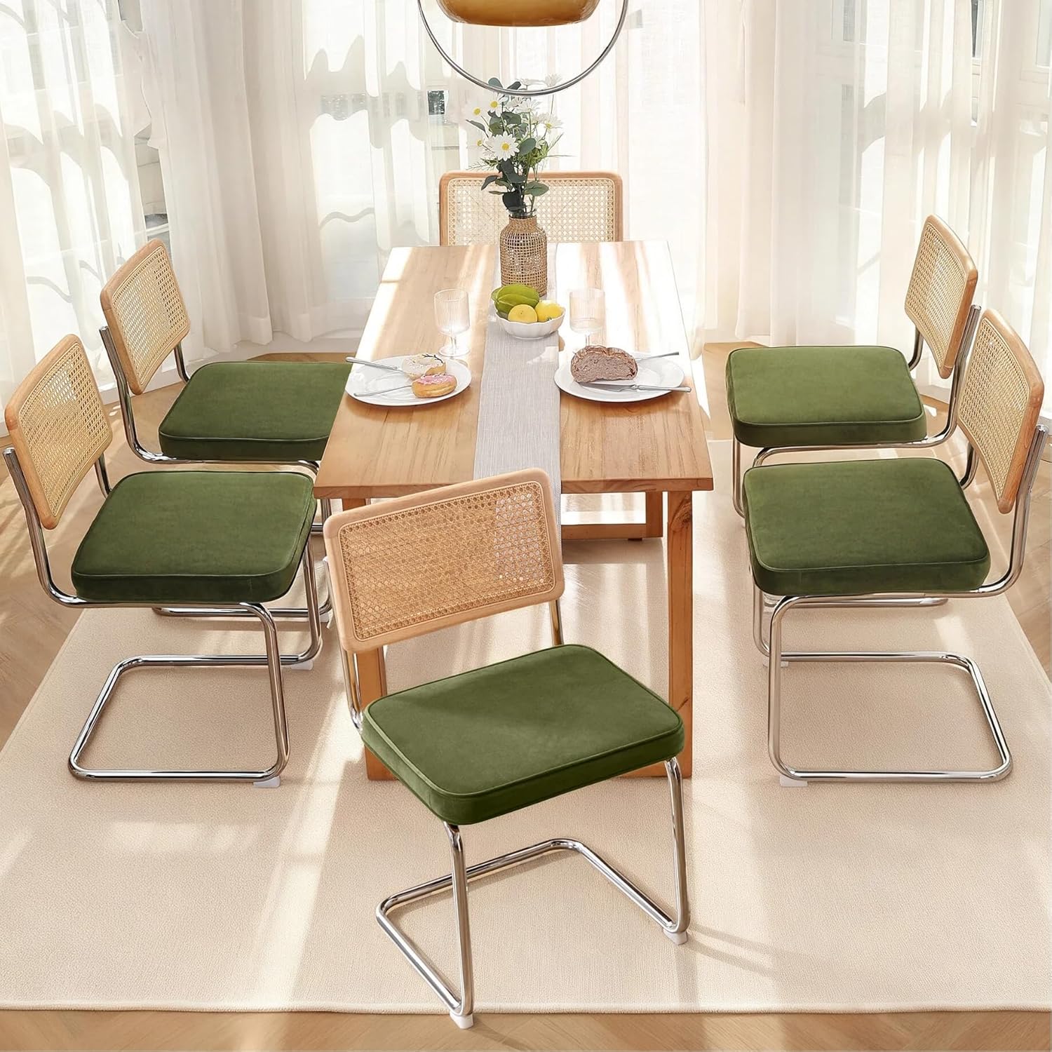 Zesthouse Natural Rattan Dining Chairs Set of 2, Modern Dining Room Chairs with Solid Wood Back for Kitchen Living Room, Mid Century Breuer Design Inspired, Upholstered Faux Leather Brown