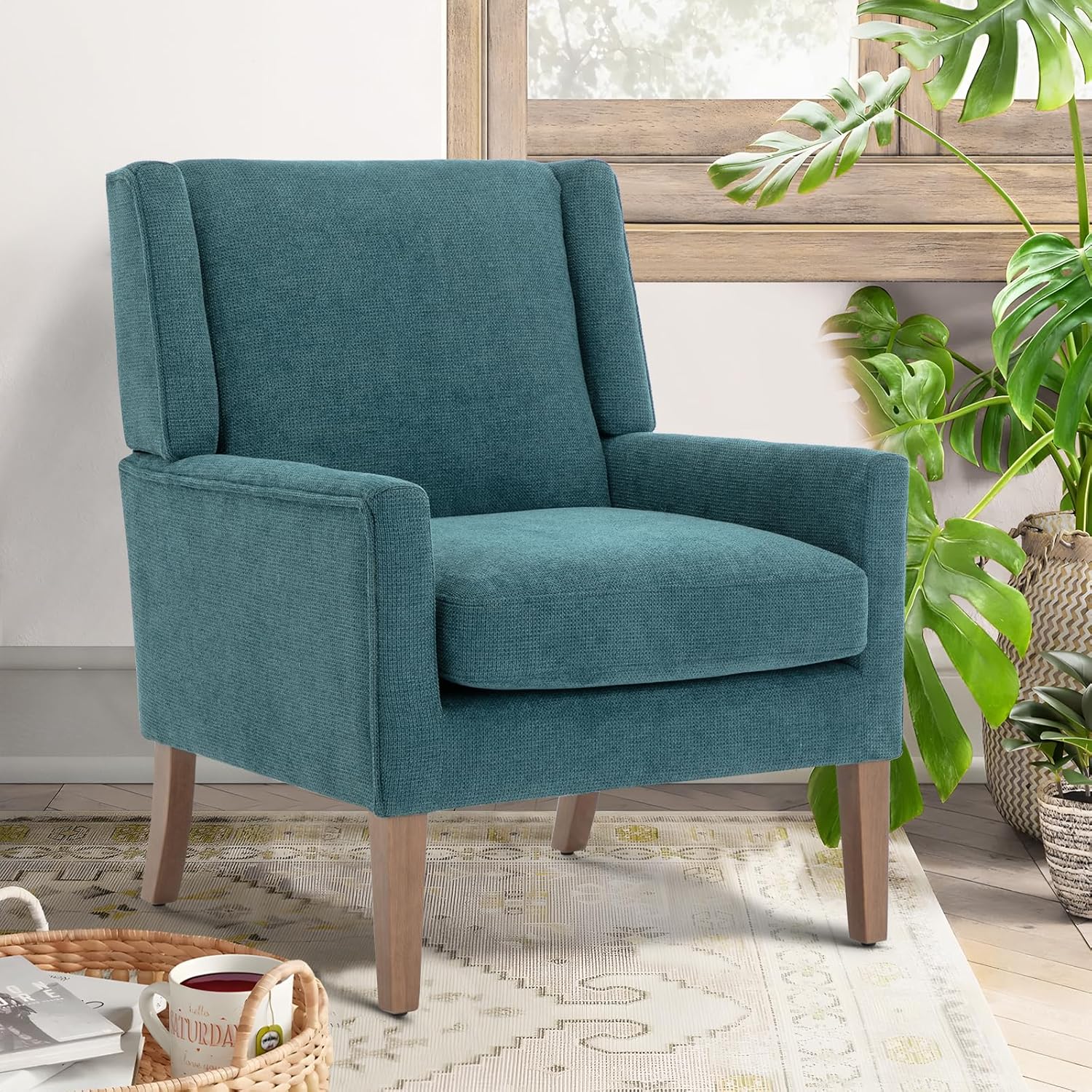 COLAMY Modern Wingback Living Room Chair, Upholstered Fabric Accent Armchair, Single Sofa Chair with Lounge Seat and Wood Legs for Bedroom/Office/Reading Spaces, Gery