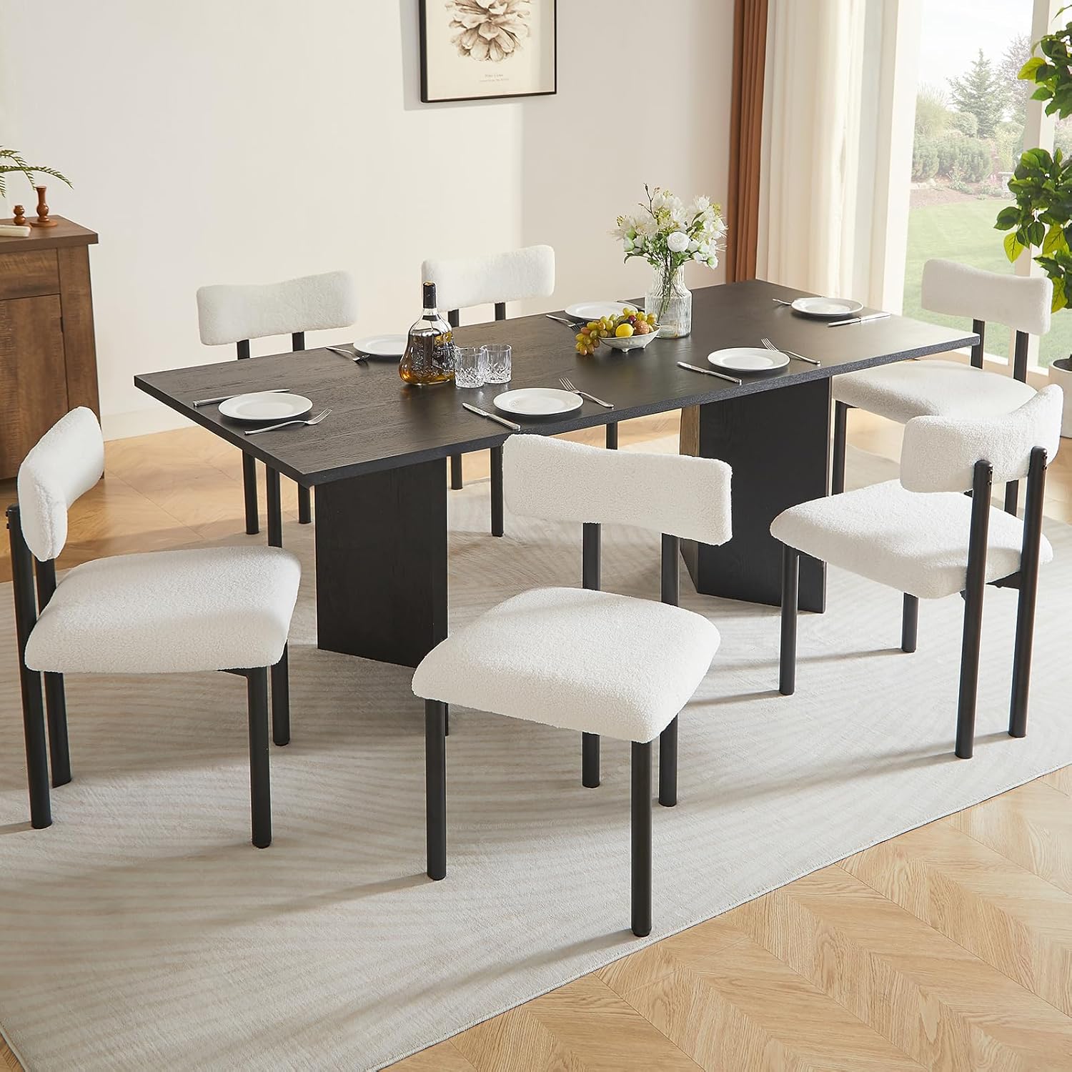 Boucle Dining Chairs Set of 4, Upholstered Kitchen Dinning Room Chair with Curved Backrest and Metal Frame, Mid Century Modern Kitchen Chair for Dining Room, Restaurant, Grey